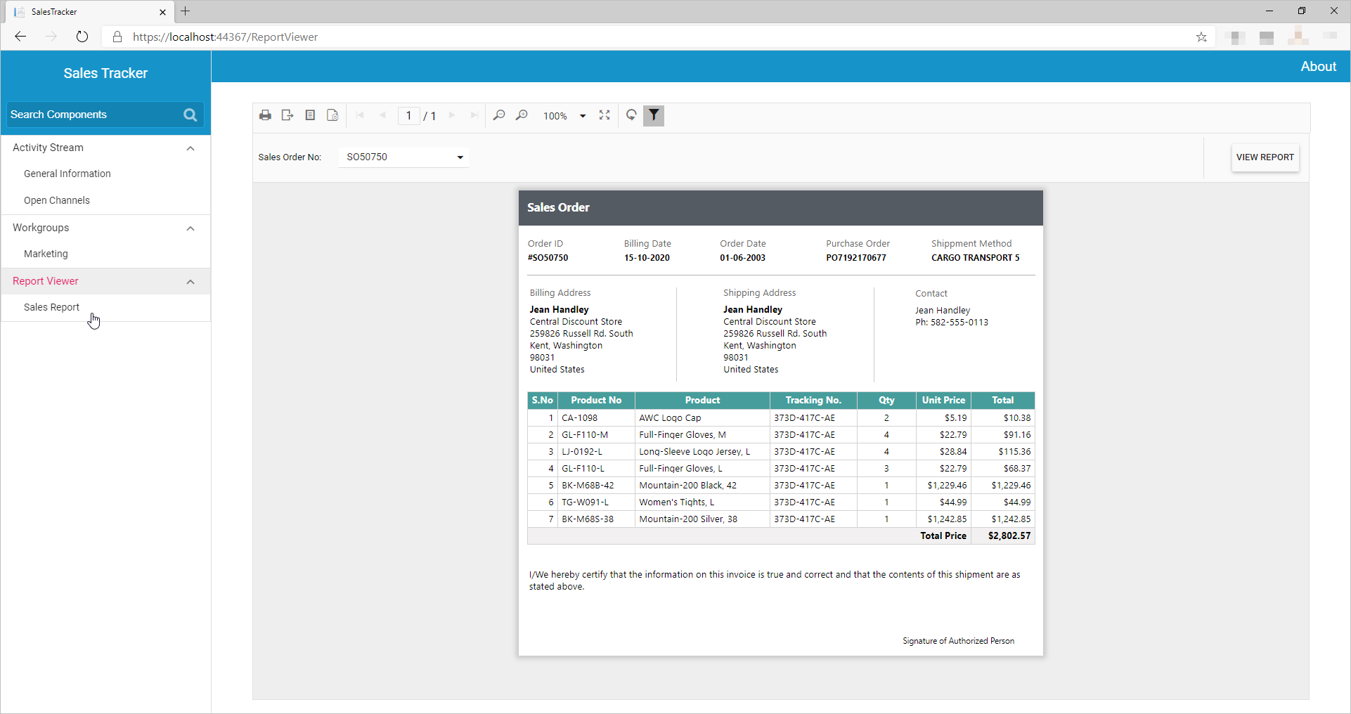 Sales Report rendered with Syncfusion Blazor Controls
