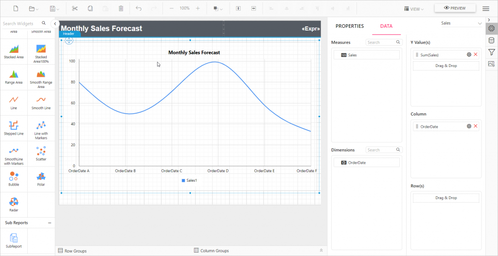 Data Panel for Smooth Line Chart | Report Tools Software