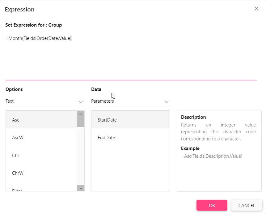 Expression Dialog Box | Report Tools Software