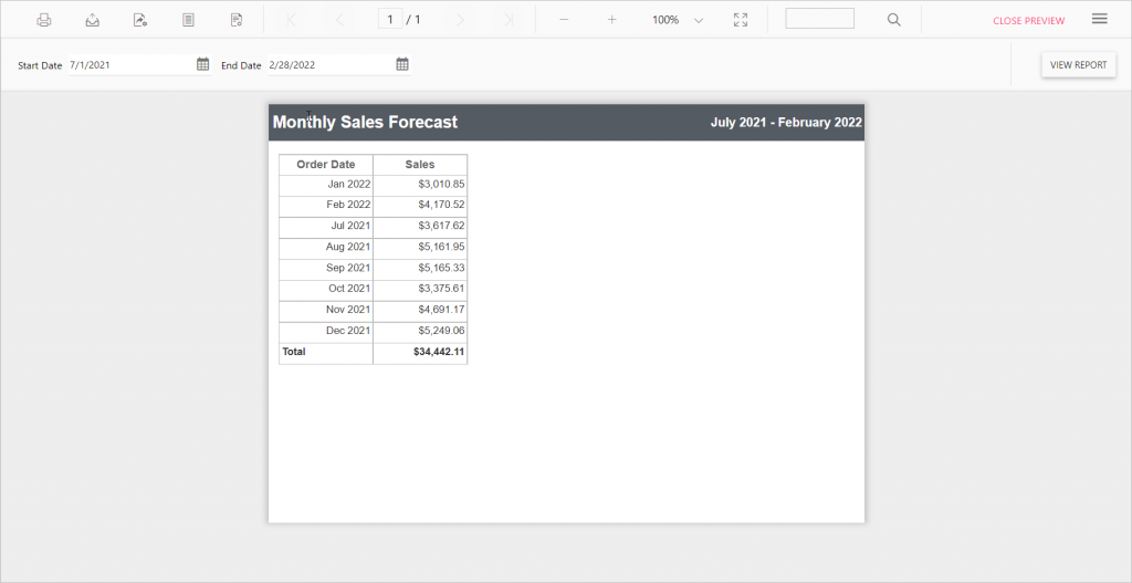 Monthly Sales Forecast Preview Page | Report Tools Software