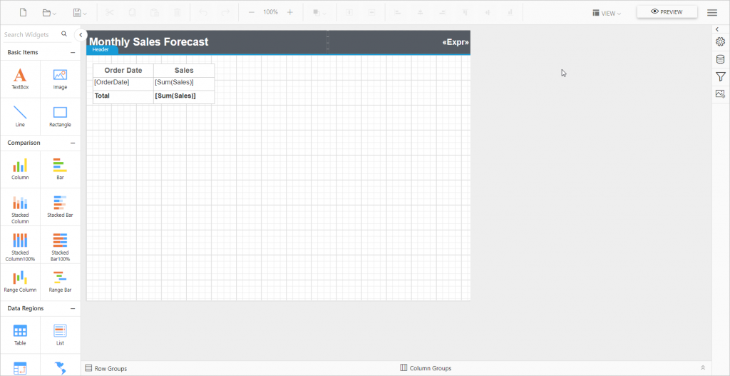 Montly Sales Forecast Designer Page | Report Tools Software