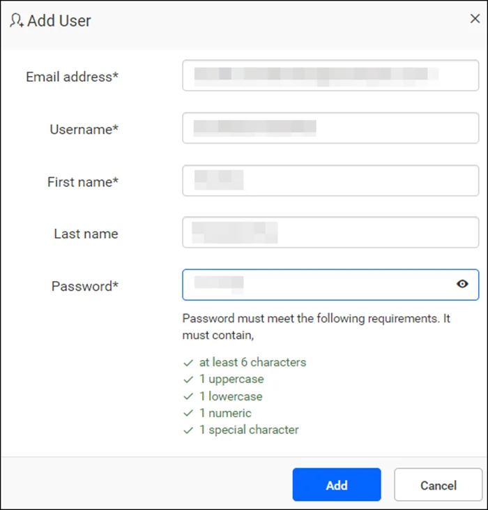The Add User interface showing password policies within Bold Reports.