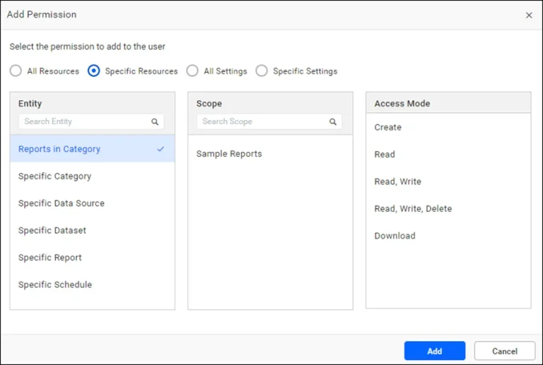 Granular permissions with secure hosting options in Bold Reports.