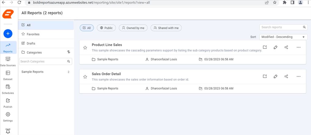 A list of Reports added to the Report Server under Sample Reports category