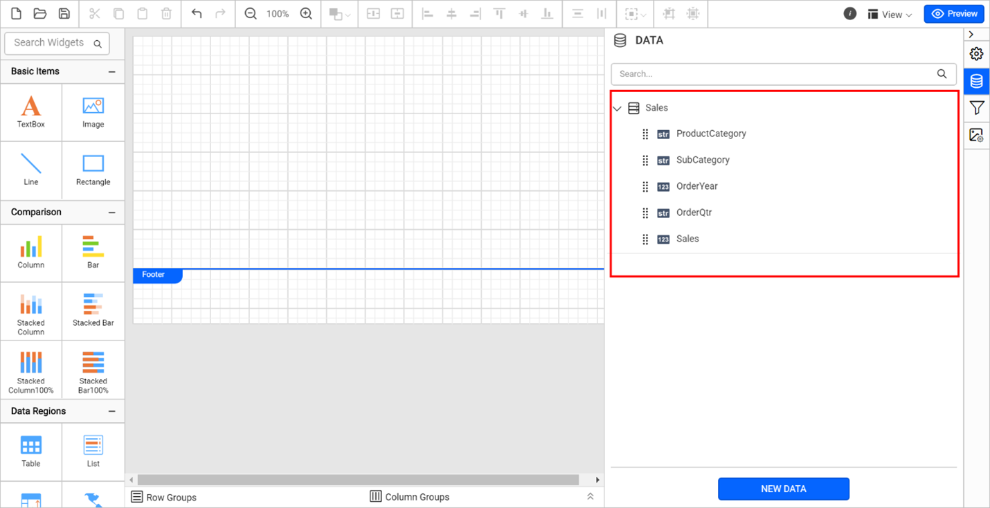 Data fields listed on a data pane