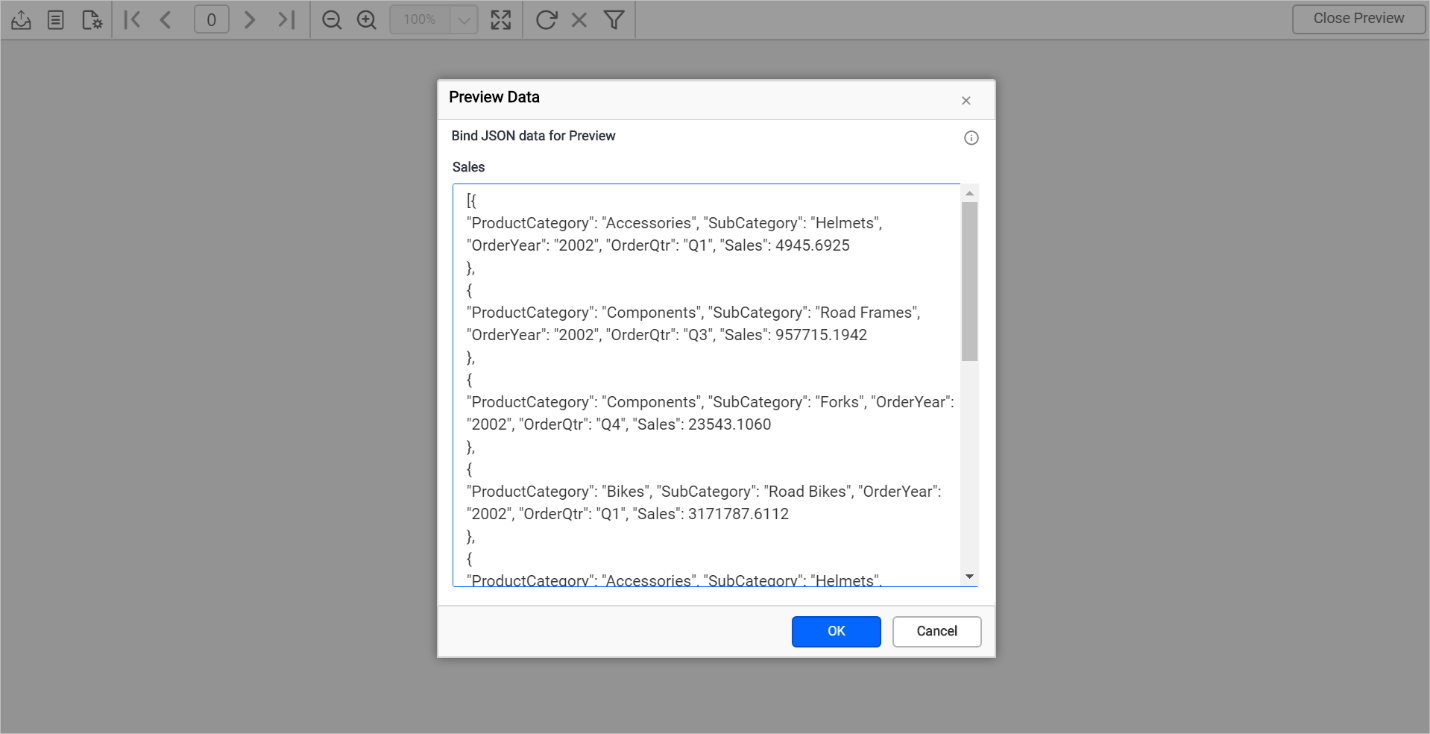 JSON array data input to the RDLC report