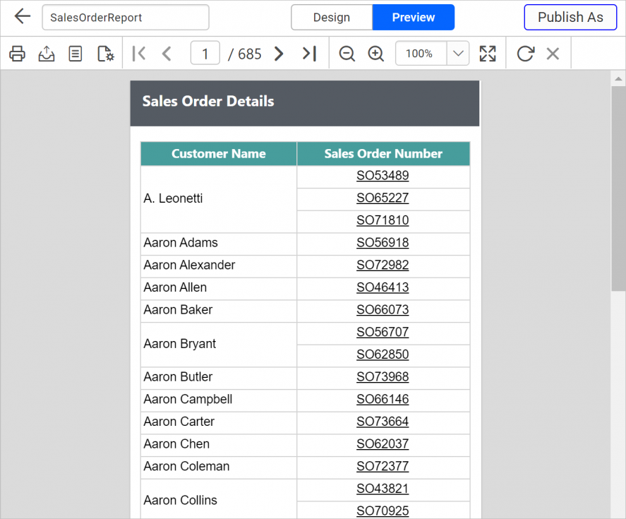 Sales order report preview
