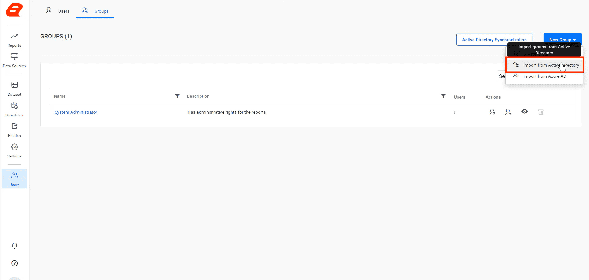 Choose Import from Active Directory Option. | Reporting Tools