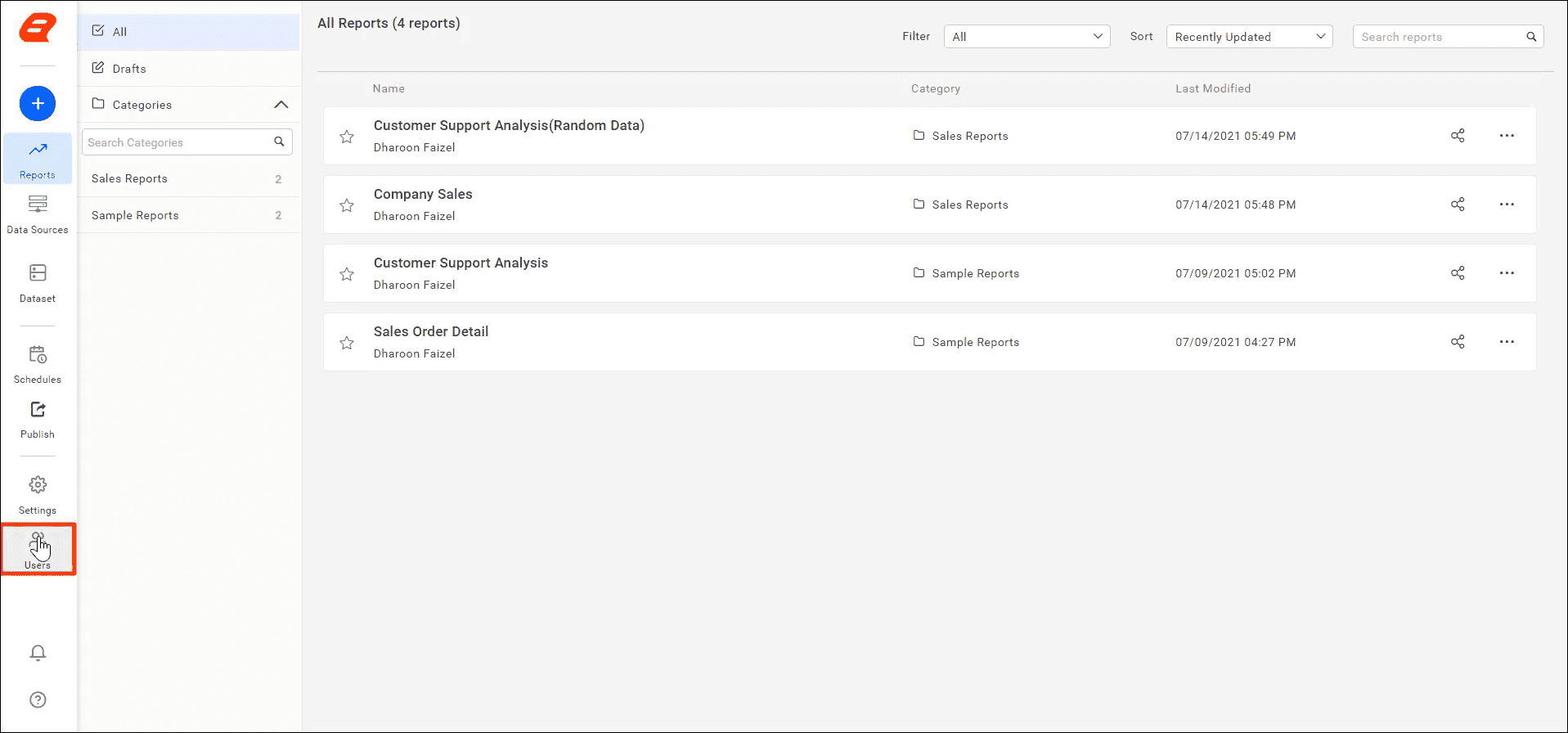 Click Users in the Left Navigation Bar. | Reporting Tools