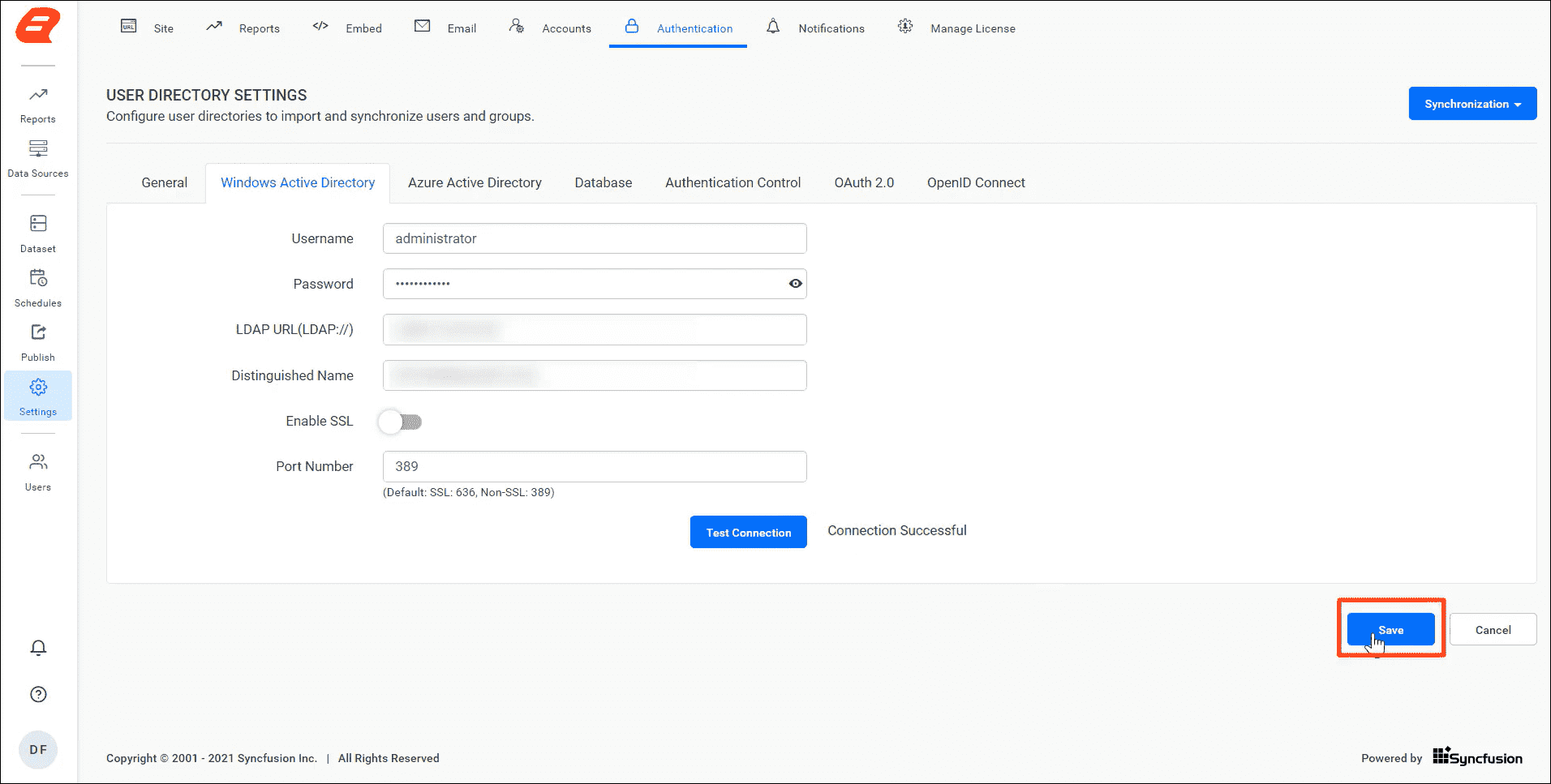 Enter the values in the necessary fields for Active Directory | Reporting Tools