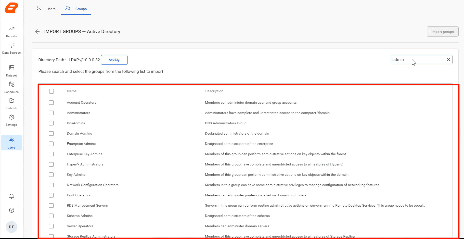 Import Groups page for Active Directory | Reporting Tools