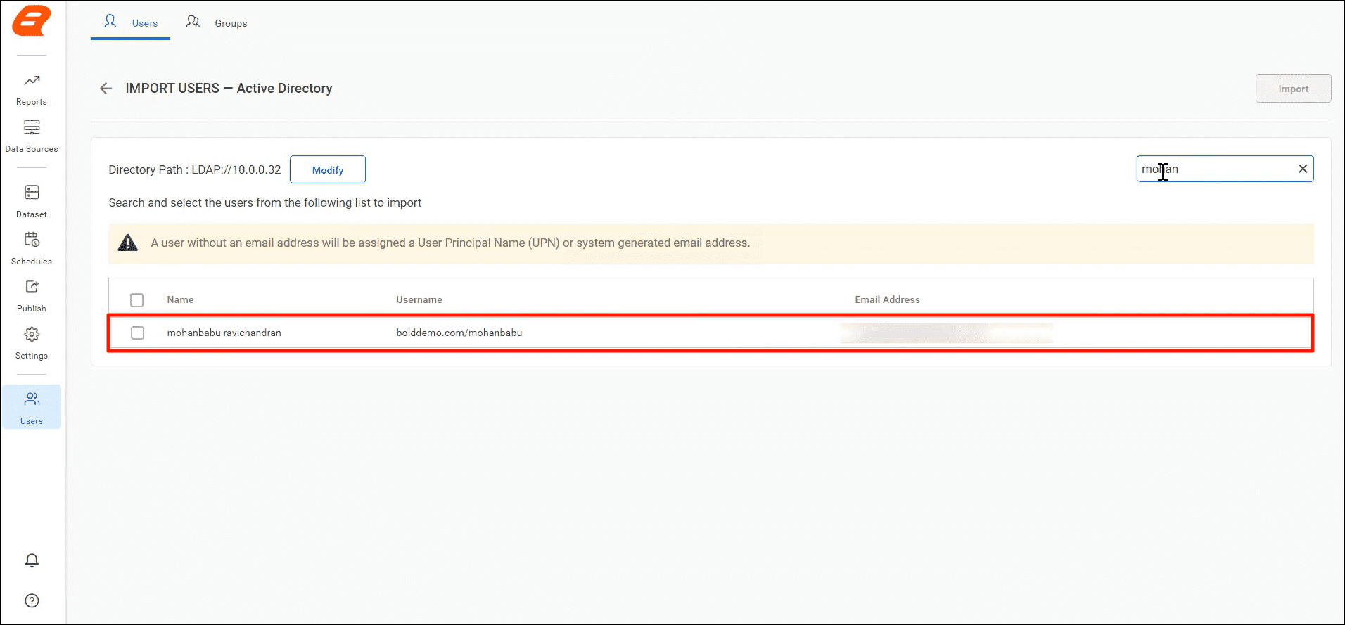 Import Users page for Active Directory | Reporting Tools