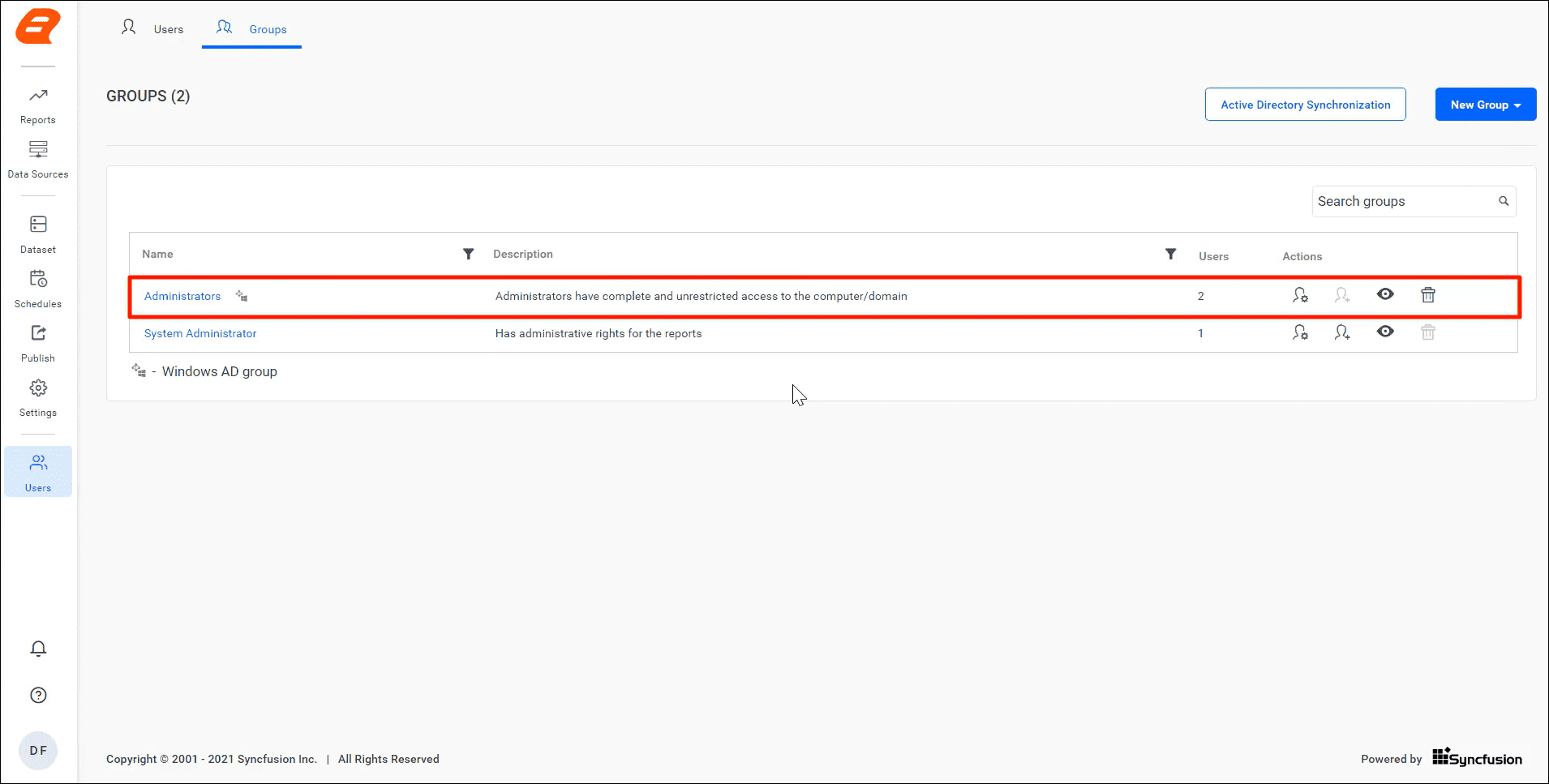 Imported Groups from Active Directory. | Reporting Tools