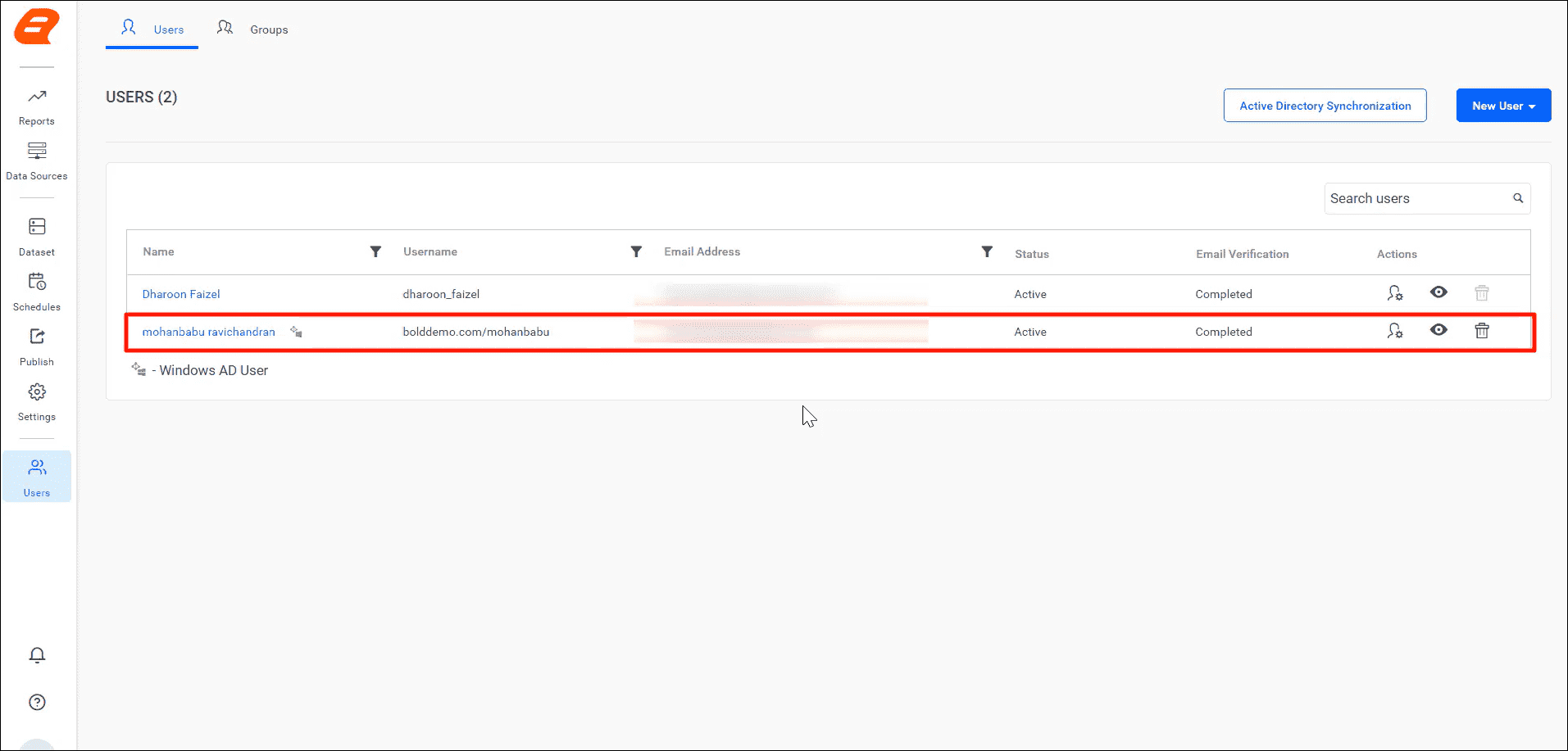 Imported Users from Active Directory | Reporting Tools