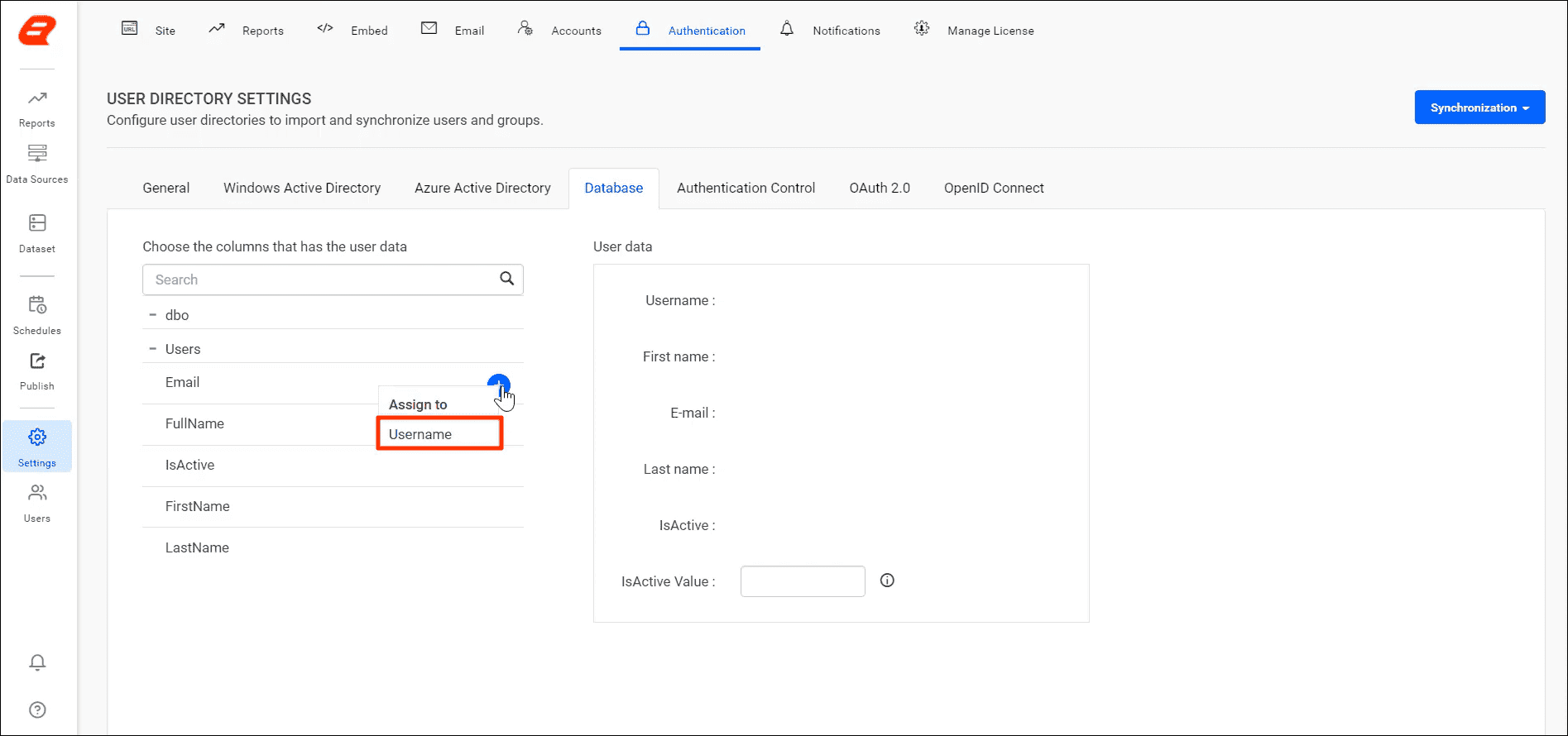 Select a Report Server user data field to assign the Database field. | Reporting Tools