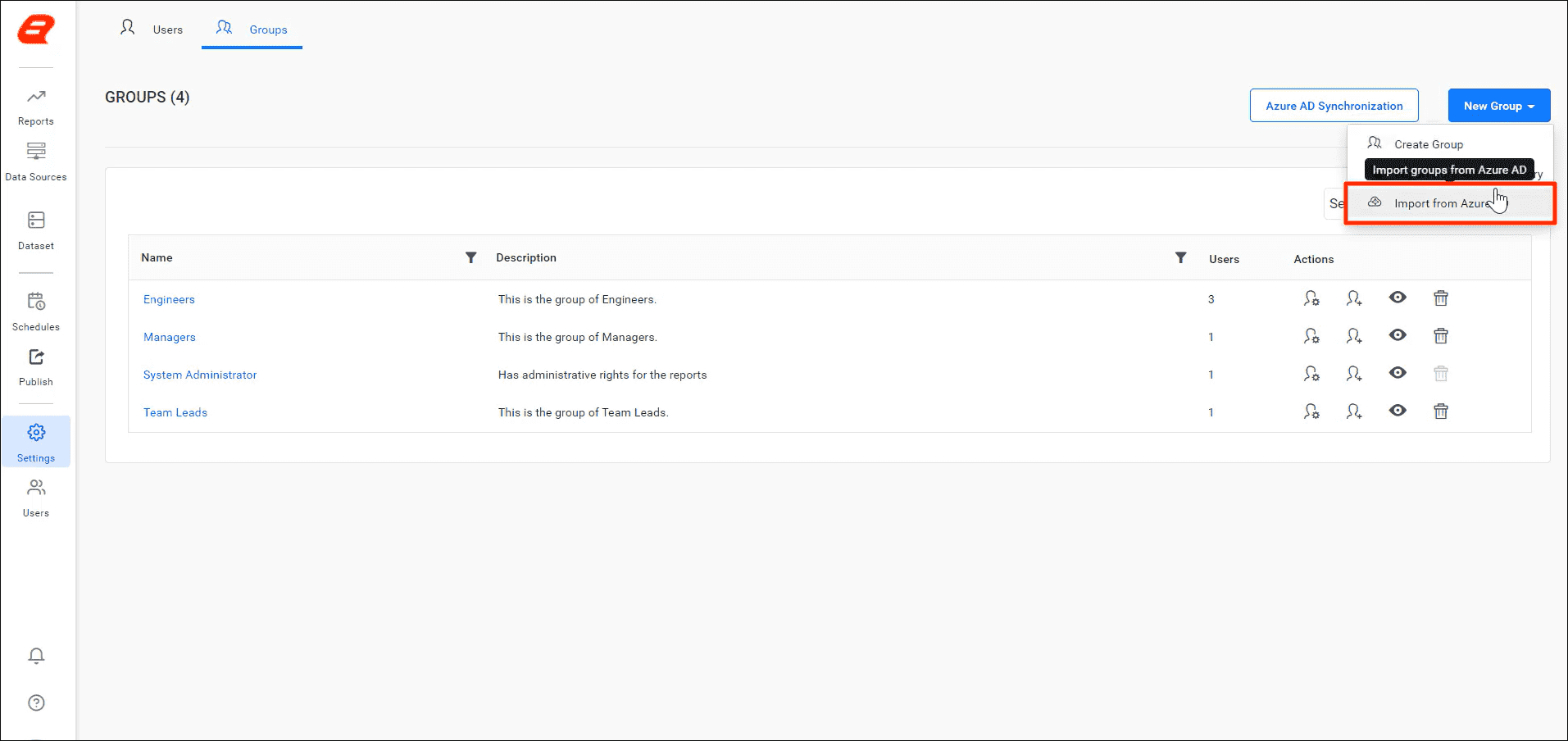Select Import from Azure AD in Groups Page | Reporting Tools