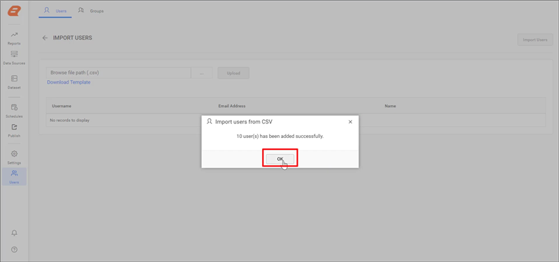 Success Dialog for Importing Users from CSV | Reporting Tools