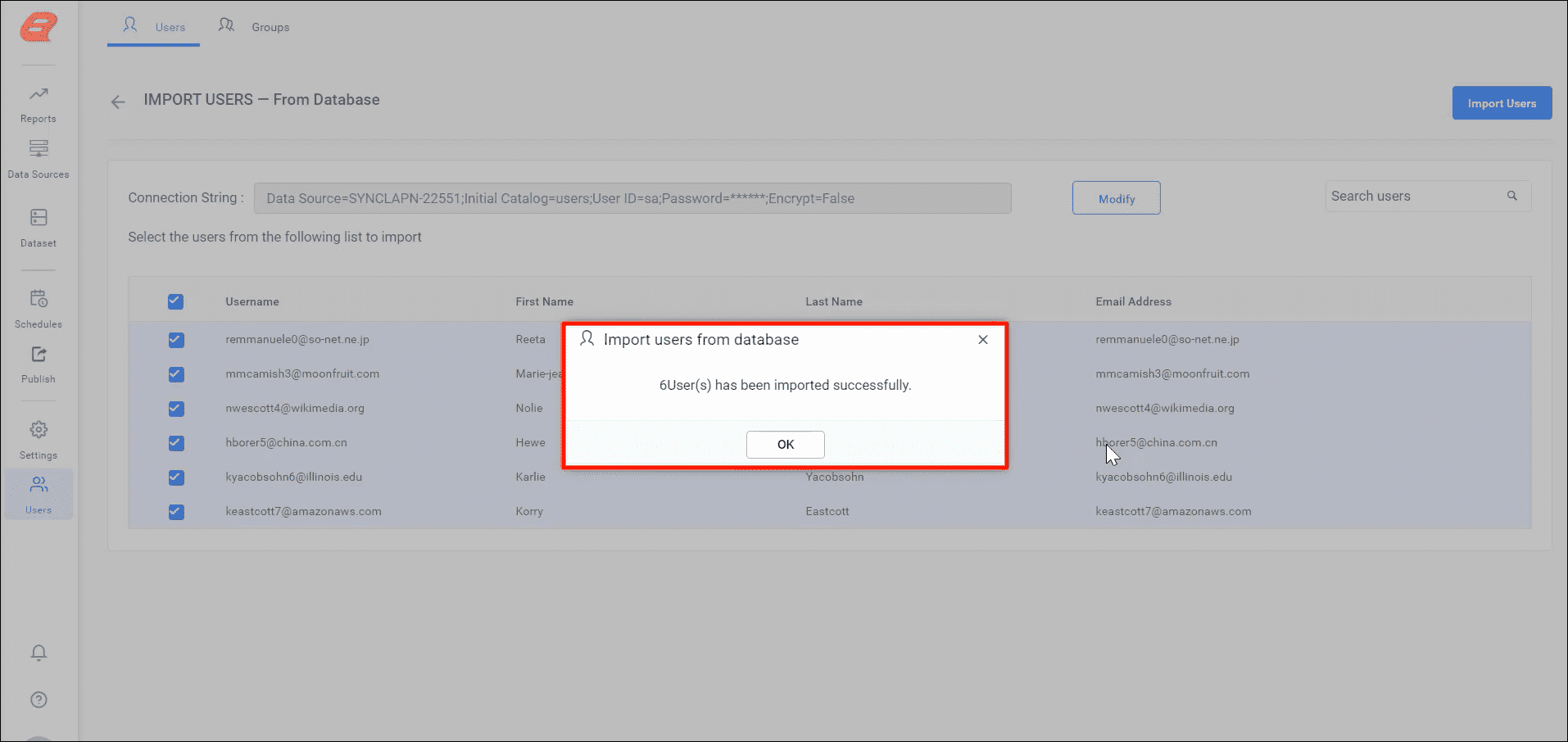 Success Dialog for Importing Users from Database | Reporting Tools