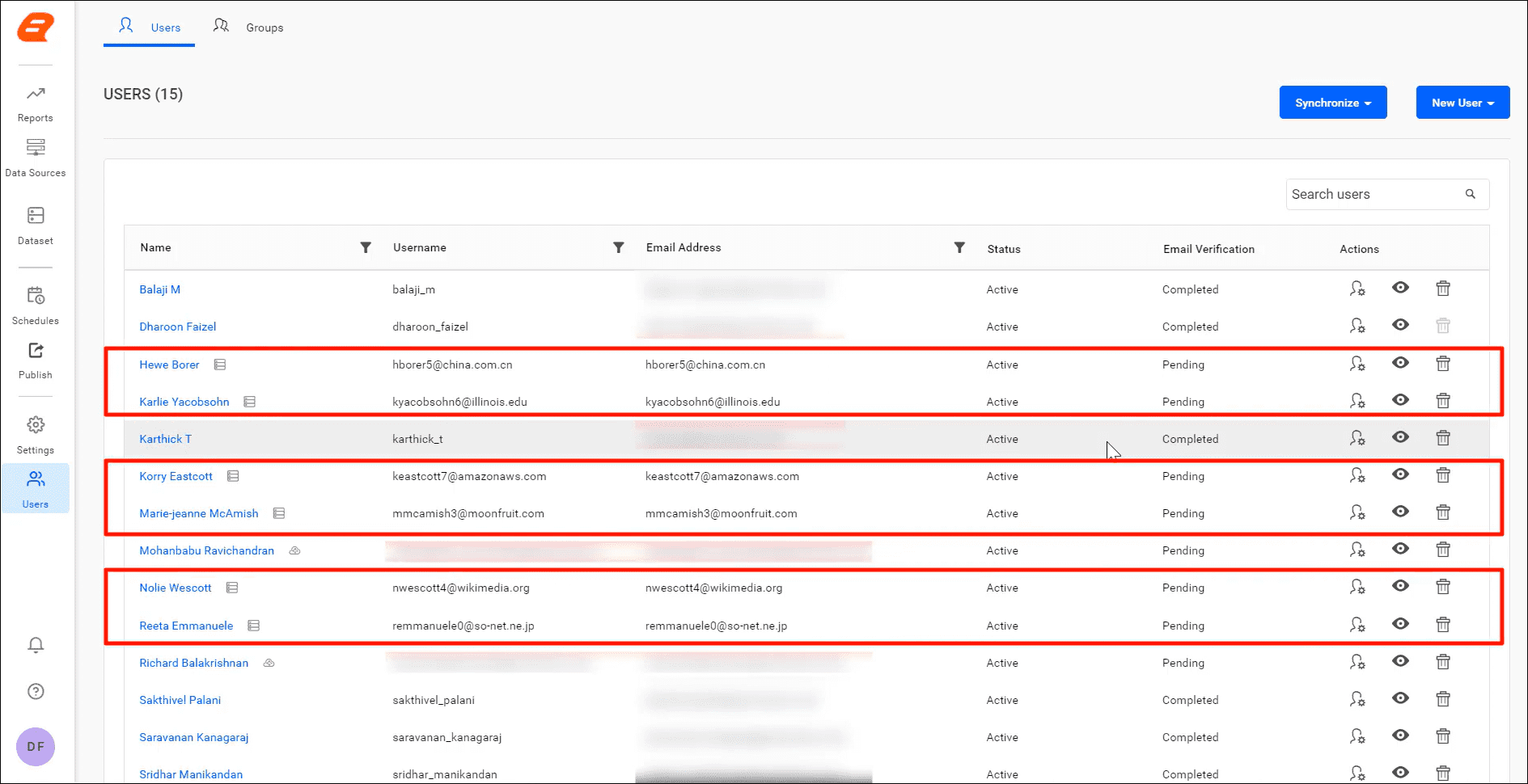 Users Imported from Database | Reporting Tools