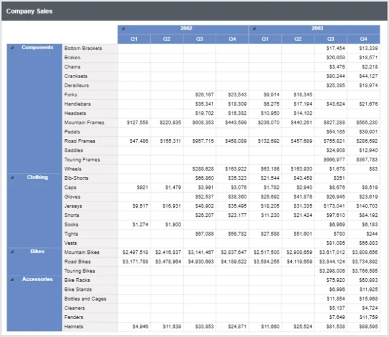 A tablix showing company sales performance.