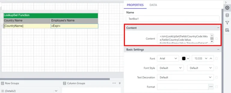The LookUpSet expression added in the content field to retrieve the values from the EmployeeDataset.