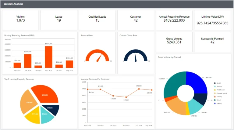 Website report showing lead conversions, avg revenue per customer, and top landing pages.