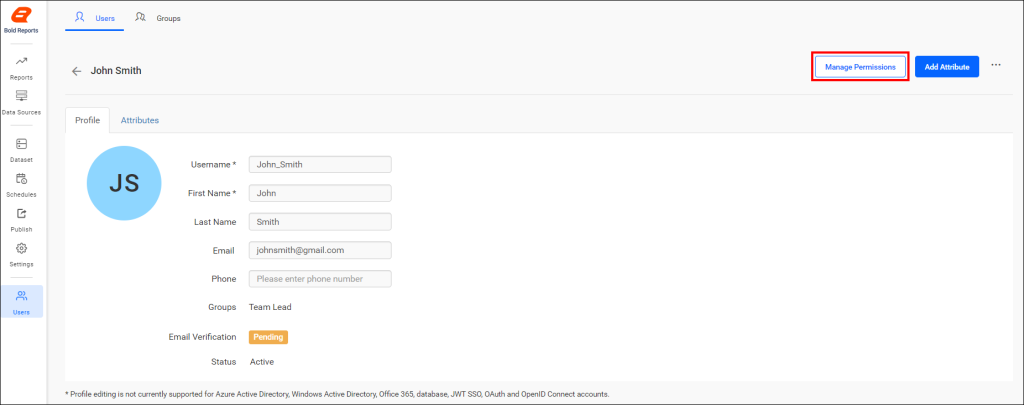 Add permissions from the user's profile page. | Reporting Tools