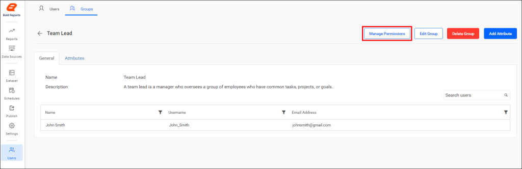 Click Manage Permissions on the Groups profile page. | Reporting Tools