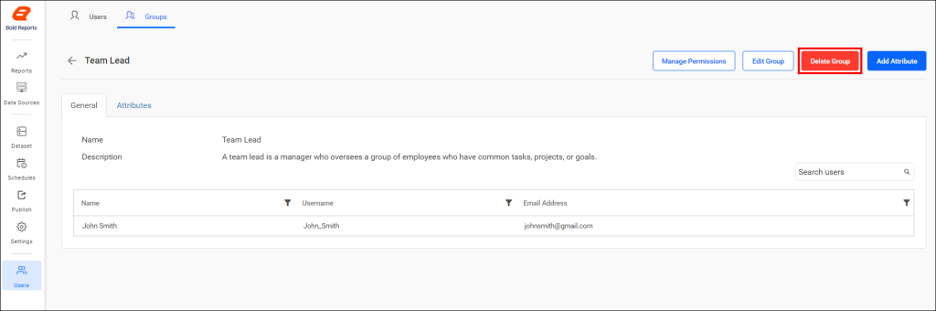 Clicking the Delete Group button in the group profile page. | Reporting Tools