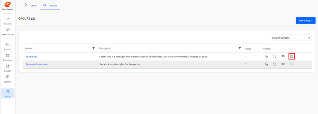 Clicking the delete icon from the group management page. | Reporting Tools