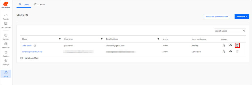 Clicking the delete icon in the user list. | Reporting Tools