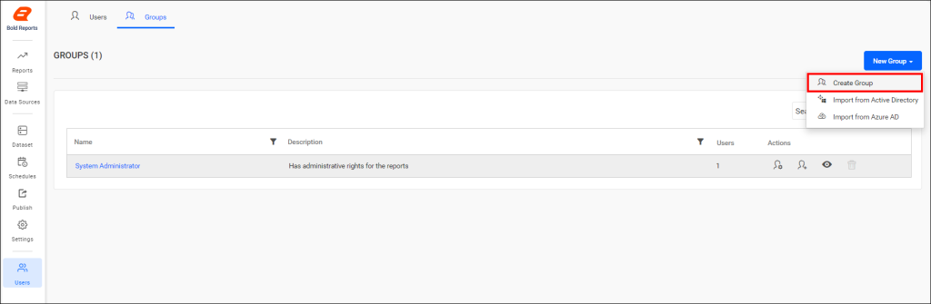 Clicking the New Group button and selecting Create Group from the dropdown list. | Reporting Tools