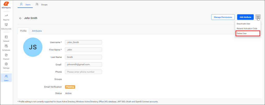 Delete User option from the user edit page. | Reporting Tools