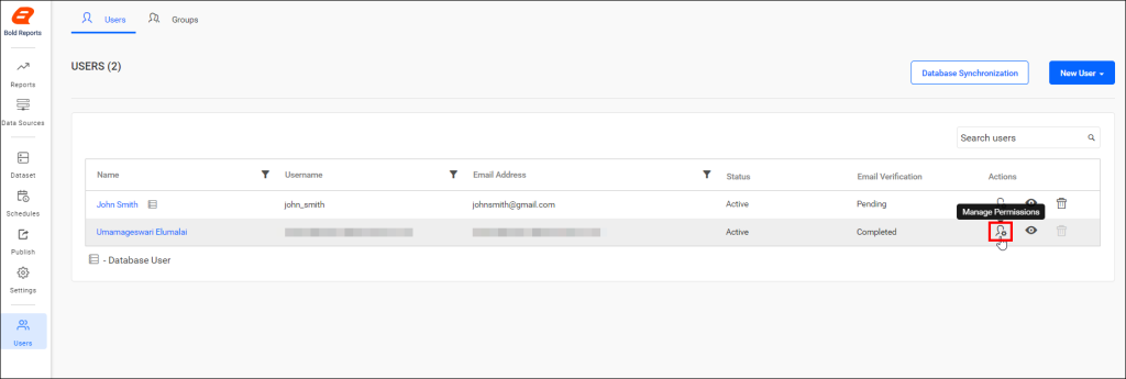 Click the Manage Permissions icon in the user list. | Reporting Tools