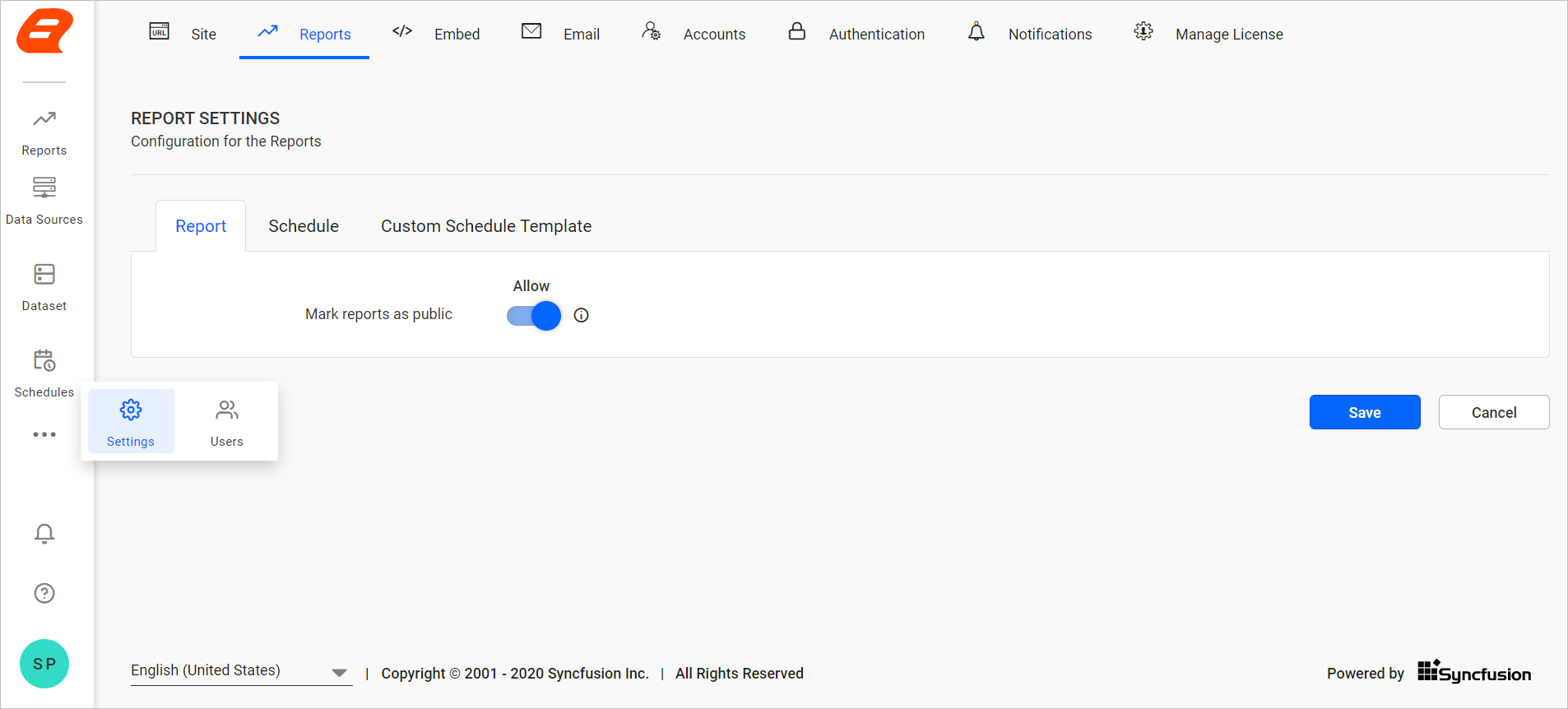 Enable Mark as public option in Report Settings