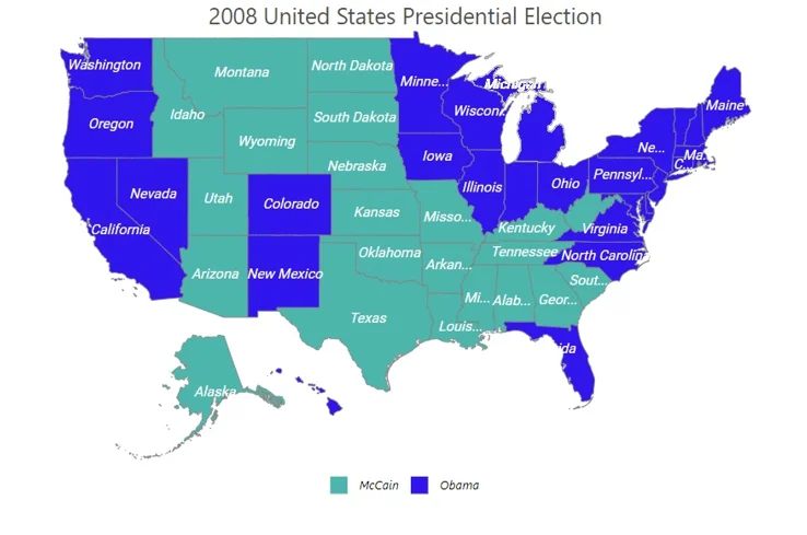 A map displaying the results of the 2008 presidential election in the USA.