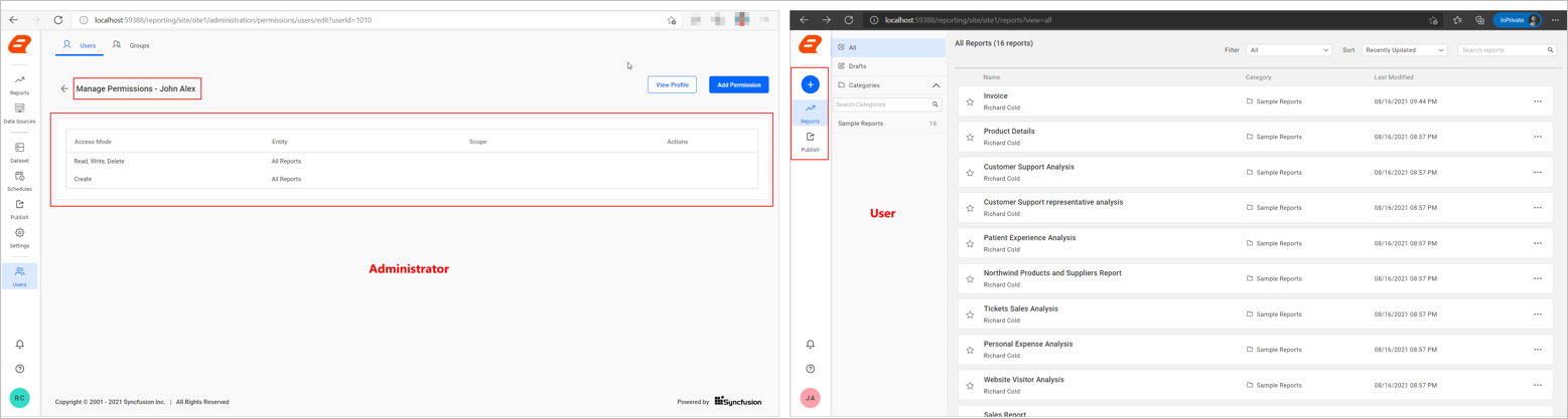 admin and user menu