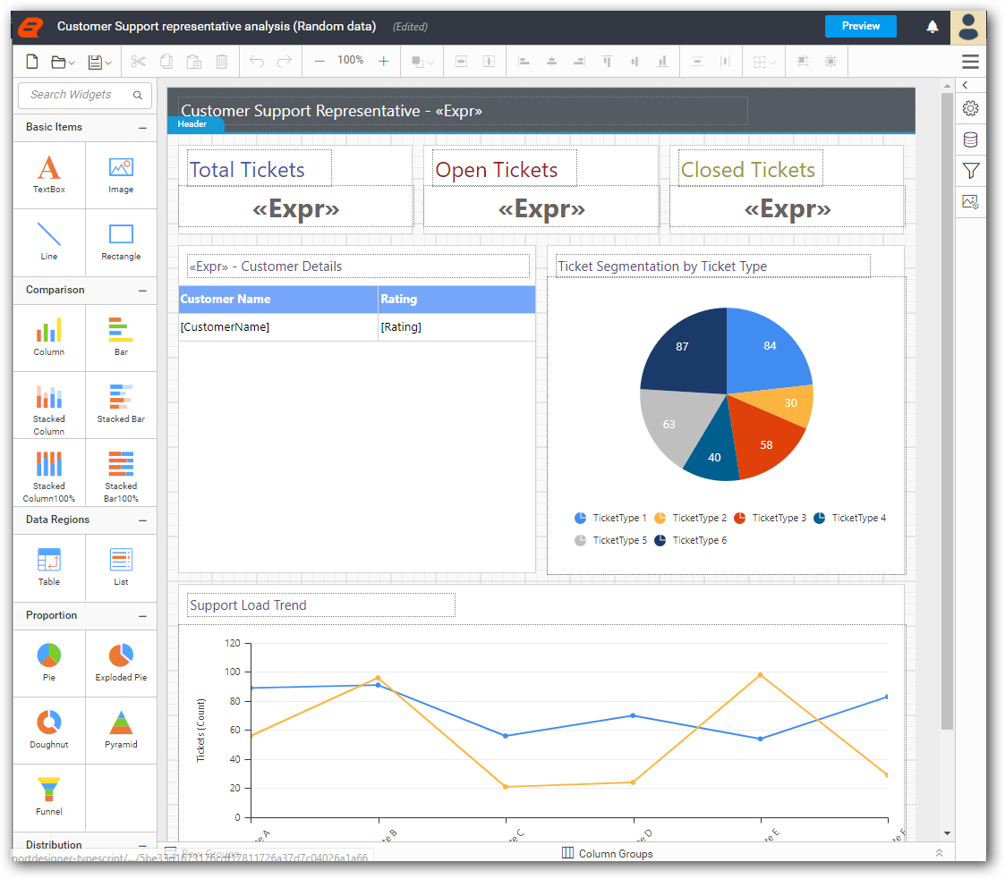 Report design area with header and grid-lines enabled