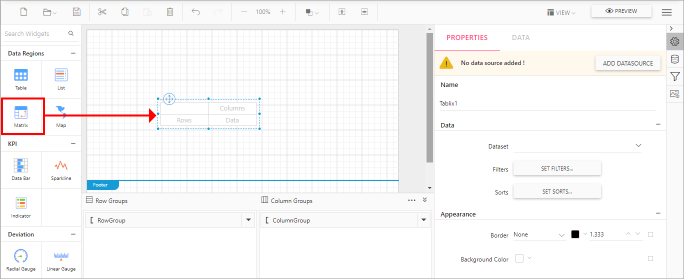 Adding a matrix widget to the design area in Report Designer