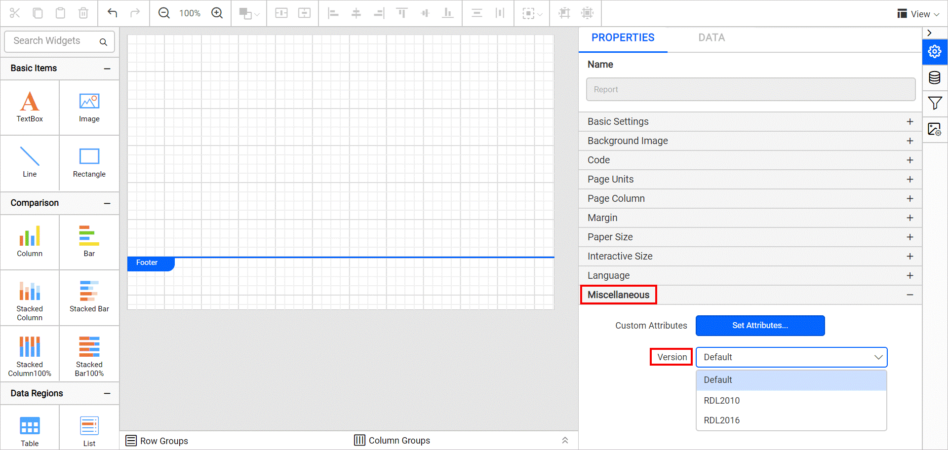 Selecting an RDL version in Report Designer