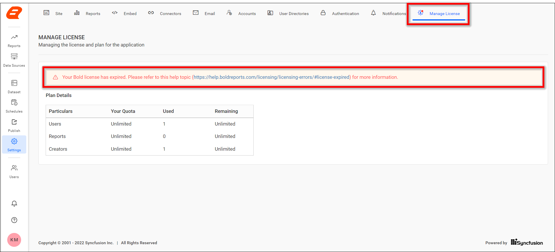 Manage License in Report Server settings page| Report Tools Software