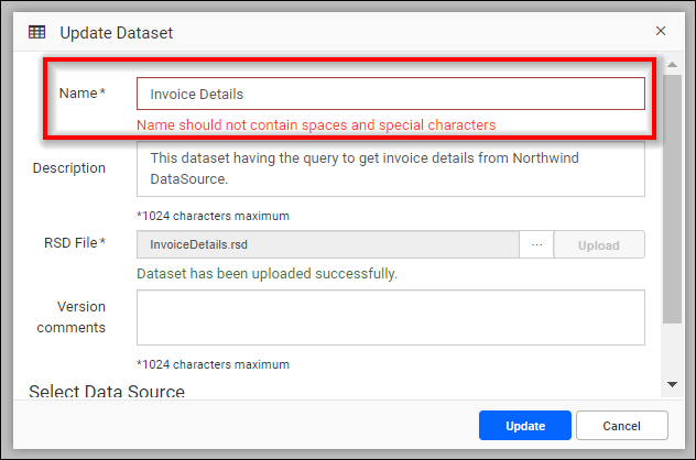 Update Dataset Dialog | Report Tools Software