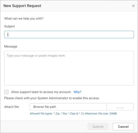 Support Request Dialog in Cloud Report Server