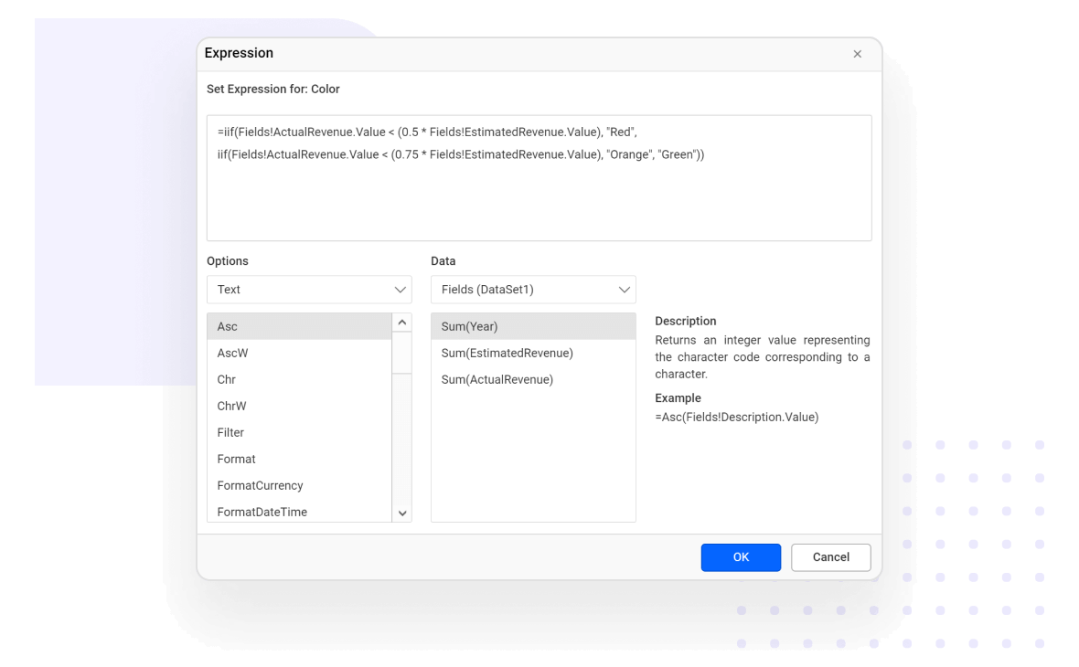 React Report Designer expression builder.