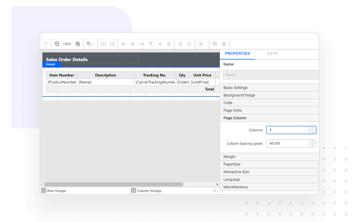 Create beautiful multicolumn reports using the React Report Designer.