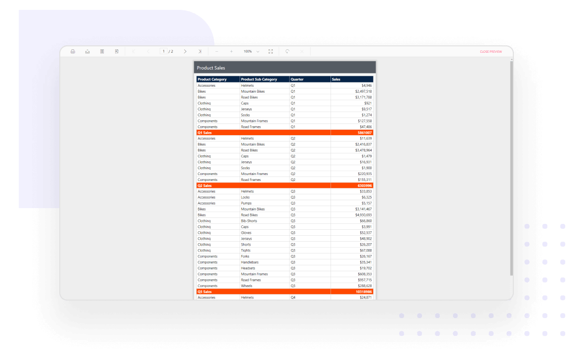 The Blazor Report Viewer provides organized data reports with sorting, grouping, filtering, and calculated fields.