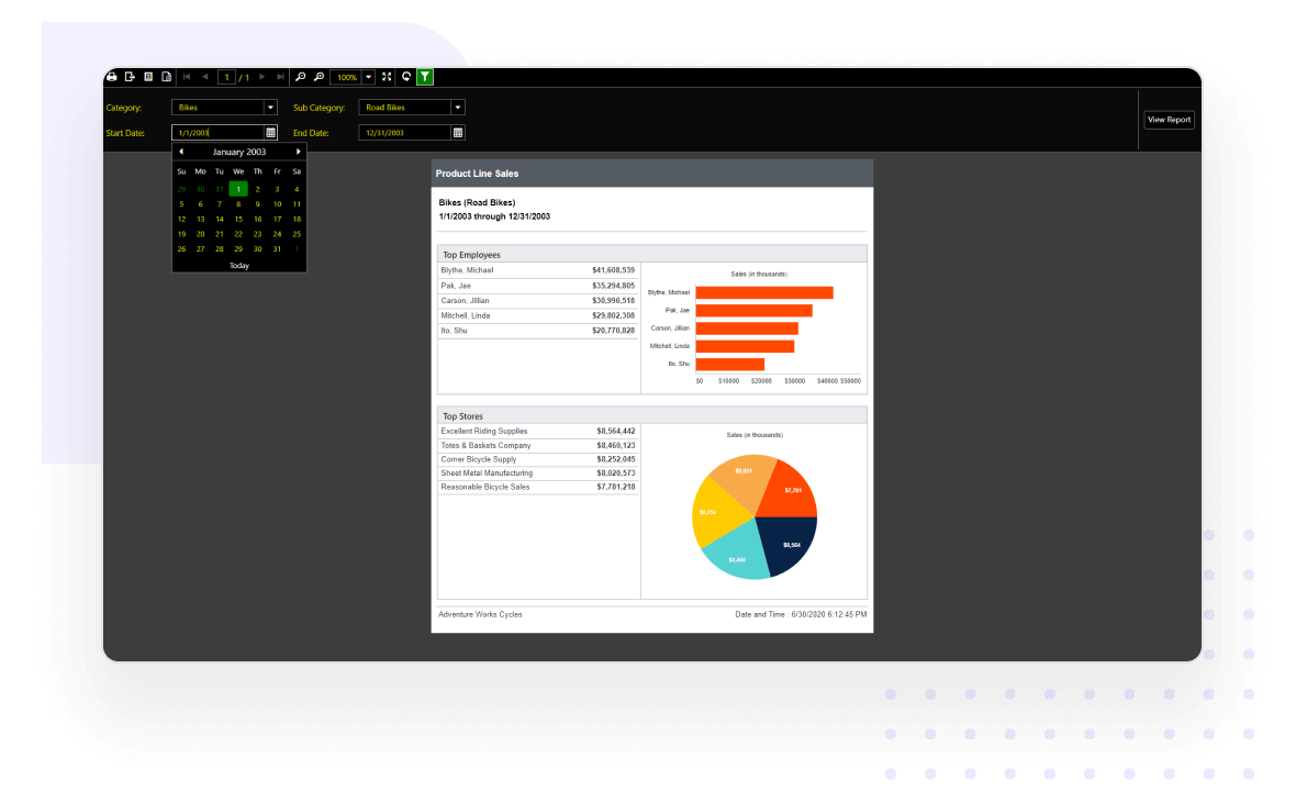 The built-in color themes in the Angular Report Viewer allow developers to create visually appealing reporting applications.