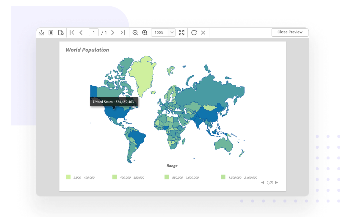 Report Viewer shows world population using map report item