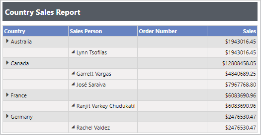 Table showing sales figures for Australia, Canada, France, and Germany, broken down by salesperson.