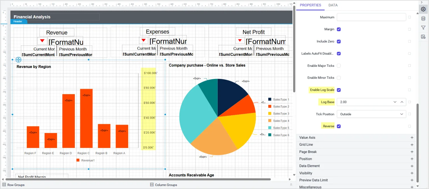 Support to configure Reverse, Logarithmic scale, and Log base options